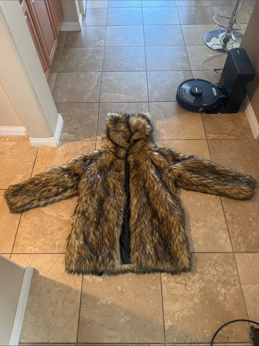 Faux Fur Hooded Coat - Brown Multi